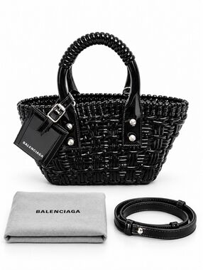 Balenciaga Bistro XXS Black Woven Basket Bag Mini Tote Crossbody Strap New
